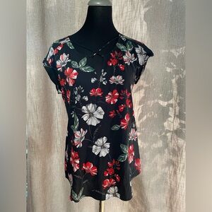 Express Black Floral Cap-Sleeve Top with Red & White Blooms